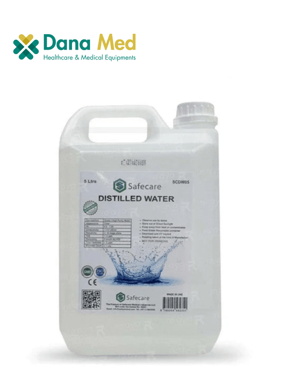 5-liter container of distilled water with Dana Med branding on a white background