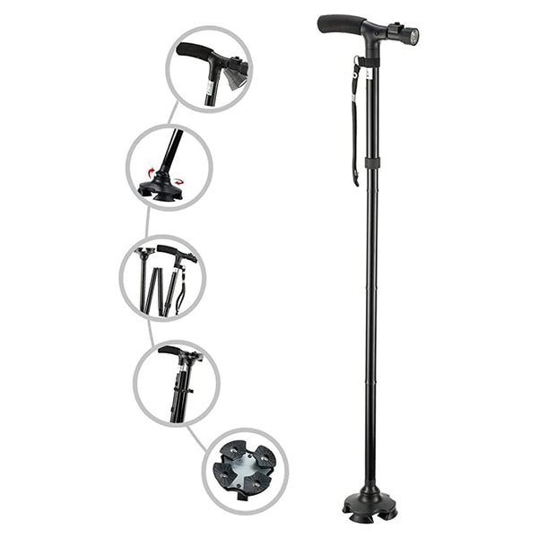 Optitect Walking Stick With LED Light, Black, 1 Piece, Improves Mobility & Stability