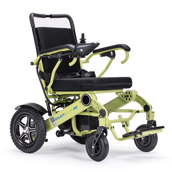 Lightweight electric wheelchair in light green with smart remote control for people with special needs .