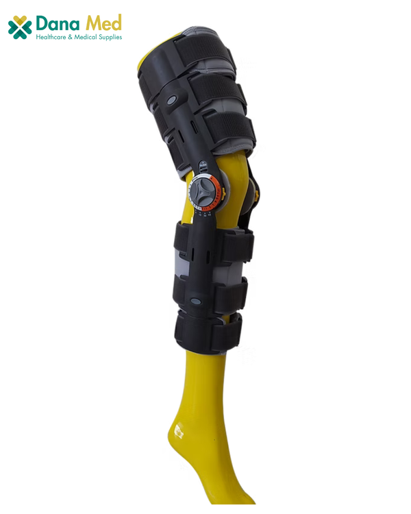 R.O.M Telescopic Angle Adjustable Knee Brace for knee extension range of motion degrees – side view showing goniometer scale

