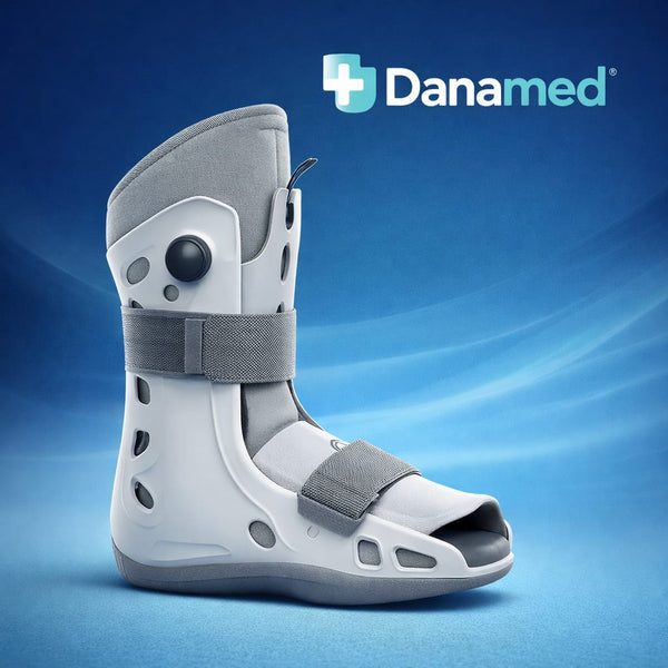 Short air walker boot with inflatable air support for ankle injury and fracture recovery.