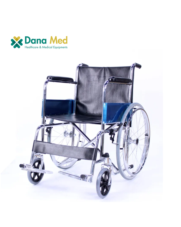Standard Manual Wheelchair: "Black standard manual wheelchair with foldable frame and silver hand rims."
