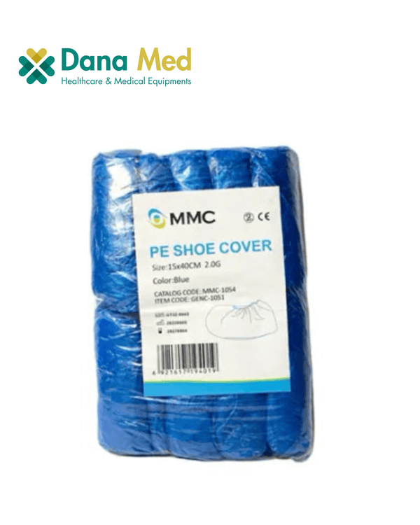 Pack of blue PE shoe covers with a label on a white background, featuring the Dana Med logo.