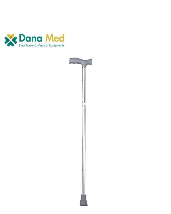 adjustable chrome walking cane with an ergonomic grey handle and a non-slip rubber tip for stable mobility support