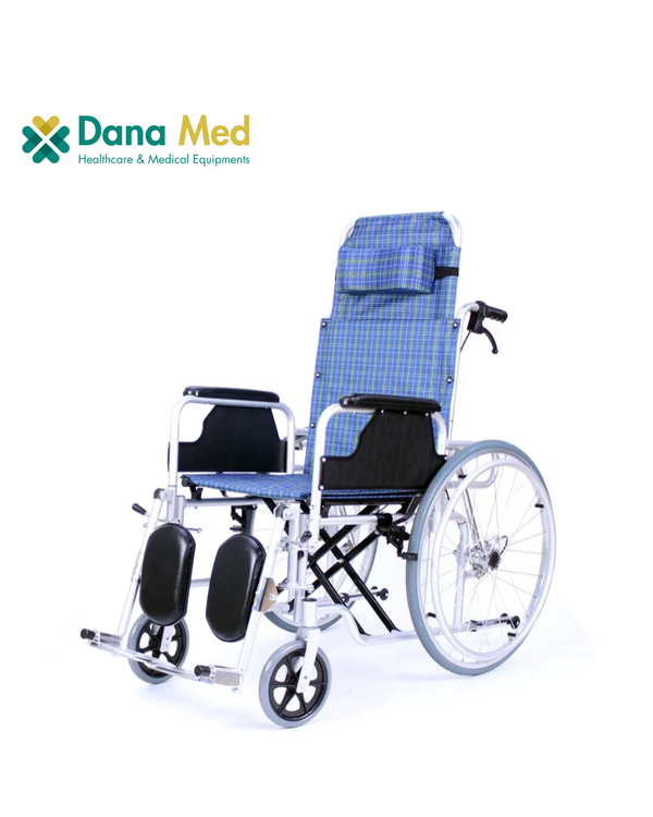 "Full reclining manual wheelchair with high backrest and elevating padded leg rests."
