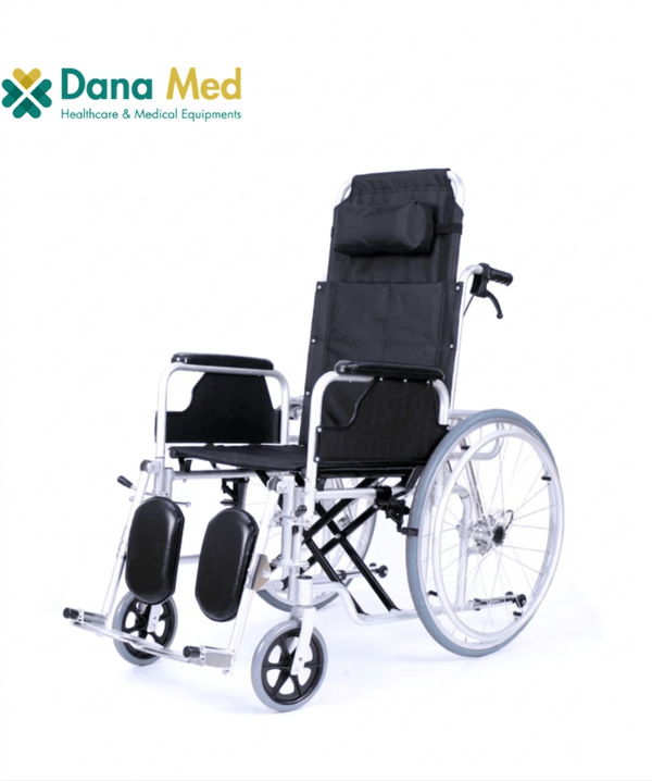 Full reclining manual wheelchair with high backrest and elevating padded leg rests.
