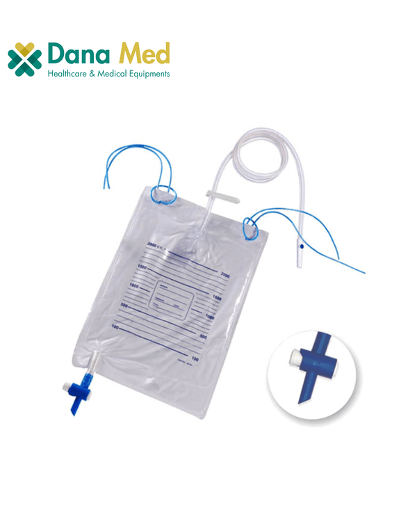 A senior patient resting on a medical bed with a 2000ml urine drainage bag securely attached to the bed rail