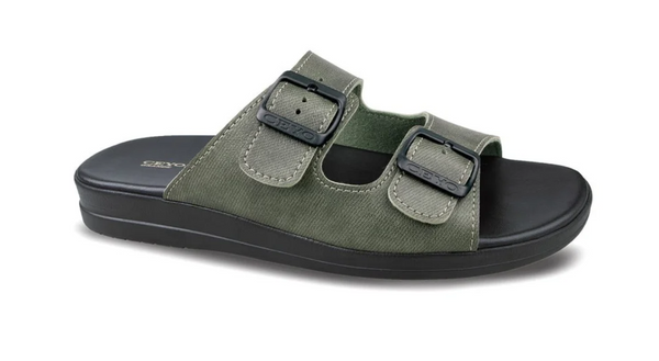 Side view of Ceyo orthopedic double strap sandals in olive green, featuring adjustable black buckles and a comfortable black cushioned sole.