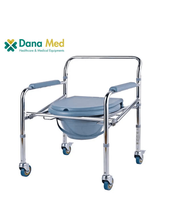 mobile commode chair with four locking wheels, a comfortable seat with lid, chrome frame, and padded armrests