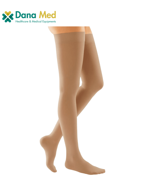 Close-up of Duomed thigh-high compression stockings showing the knit texture and anatomical fit on the legs.