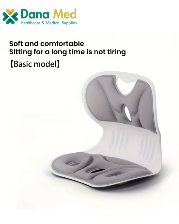 A close-up photograph of the Ergonomic Lumbar Support Seat Cushion in white and grey, highlighting its contoured design, breathable mesh padding, and integrated ventilation holes for airflow.