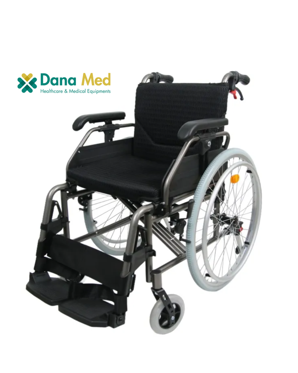 "Dana Med manual wheelchair rear view featuring a foldable lightweight frame, ergonomic handles, and durable rear wheels with anti-tip safety bars."