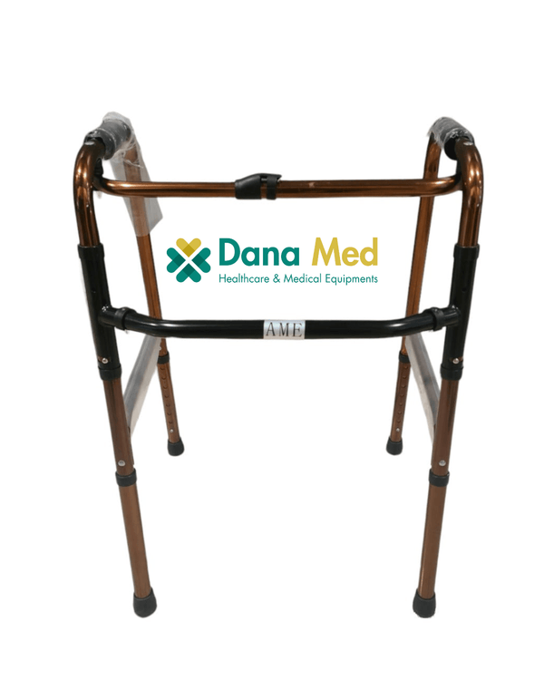 folding mobility walker in bronze finish with adjustable height legs and non-slip rubber tips.