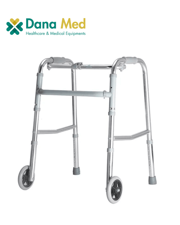  A high-quality four wheeled rollator with large wheel walkers for sale displayed in a medical supply showroom.