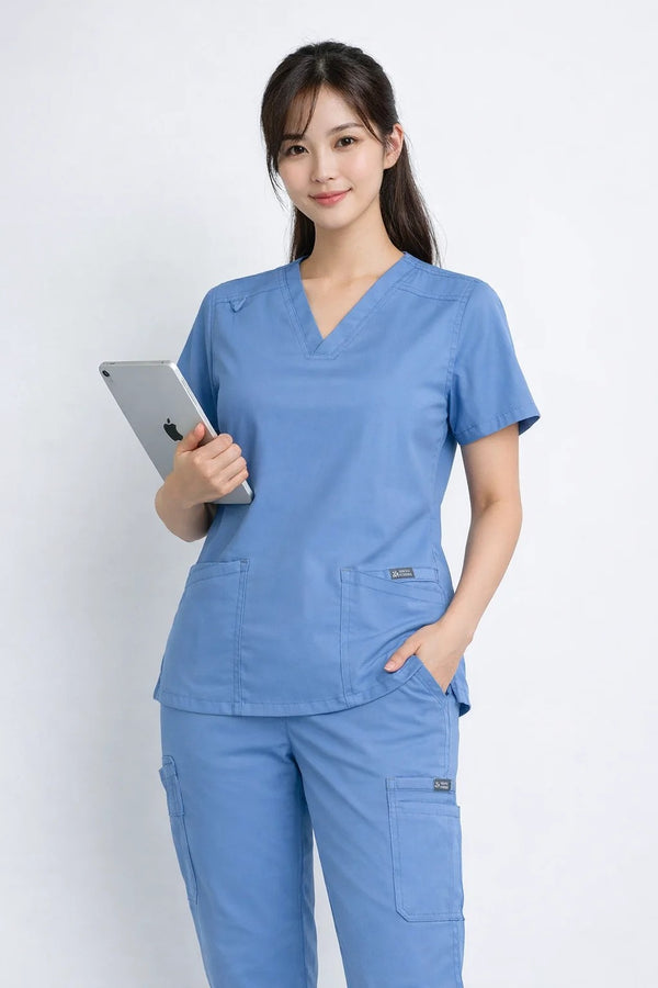 "High-performance breathable fabric medical scrubs showing a professional athletic fit for long hospital shifts."