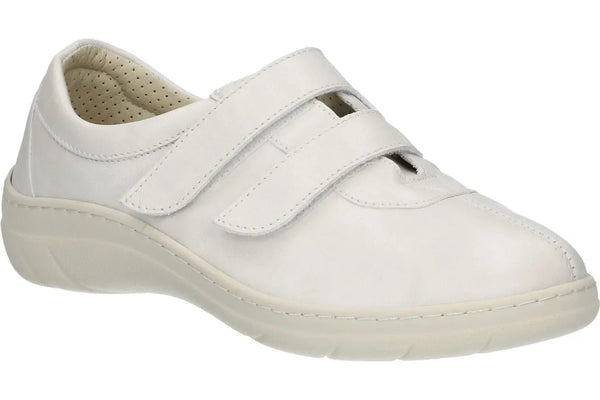 Podowell women's white medical shoe with double velcro straps, angled view