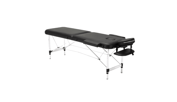 Portable adjustable massage bed with mattress pad. Foldable aluminum massage table, 60cm 2 sections for professional therapy.