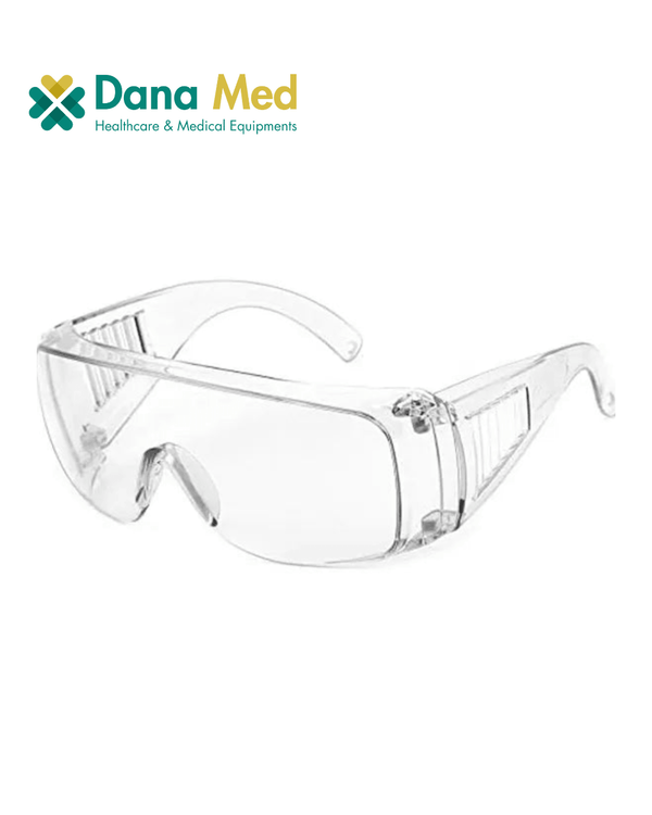 Clear safety goggles with Dana Med logo on a white background