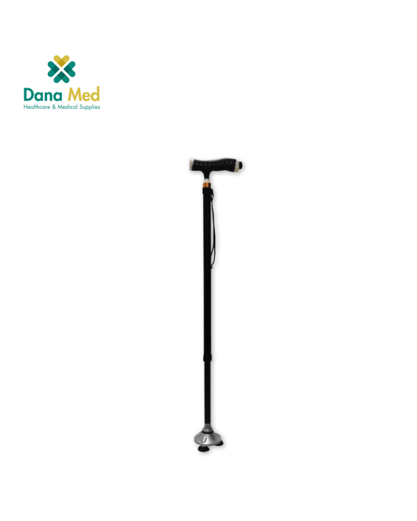 self-standing folding cane with LED light handle, pivoting all-terrain base, and adjustable height settings for seniors.