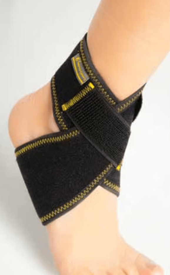 Black ankle support wrap for sprains, featuring distinctive yellow zigzag stitching and an adjustable compression strap a