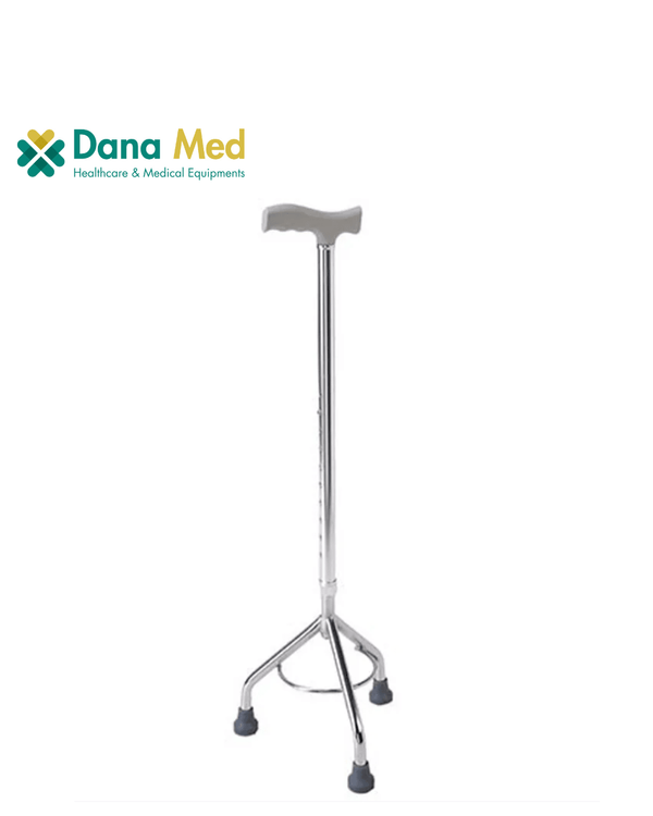 adjustable tripod cane featuring a stable three-point base, chrome finish, and ergonomic handle for balanced mobility support