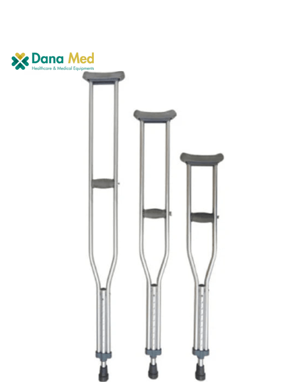 adjustable underarm axillary crutches with padded armrests, ergonomic hand grips, and reinforced aluminium frame for mobility support.