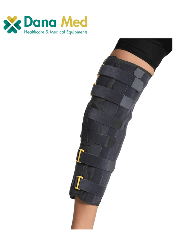Universal knee immobilizer with adjustable panels for a custom fit, featuring a free-size design that fits various leg