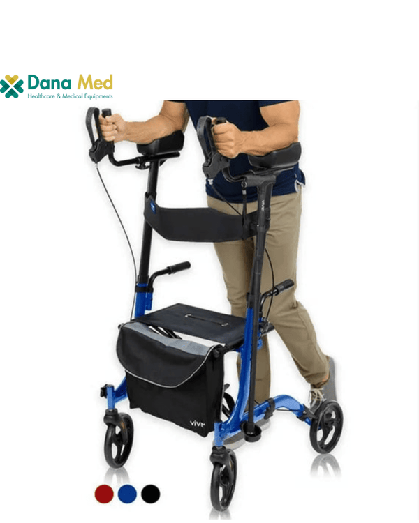 The upright walker featuring a durable aluminum frame and comfortable contoured armrests.