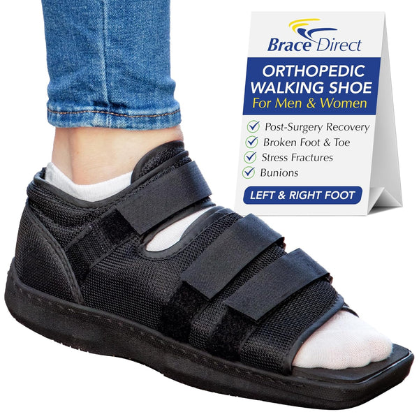 "Medical orthopedic post-operative walking shoe in black, designed for men and women. Featuring adjustable Velcro straps for broken foot recovery, stress fractures, and bunion surgery support. Fits both left and right feet."