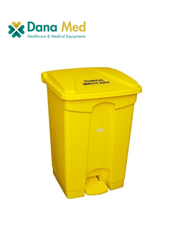 Yellow waste bin with 'Clinical Waste Only' text on a white background, featuring the Dana Med logo.