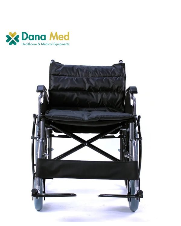 "Manual wheelchair with ergonomic padded seat and breathable fabric for long-term comfort."
