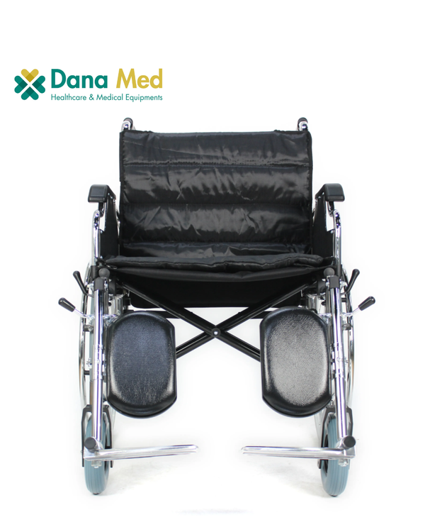 "Manual wheelchair with adjustable elevating leg rests and padded calf supports for leg elevation."